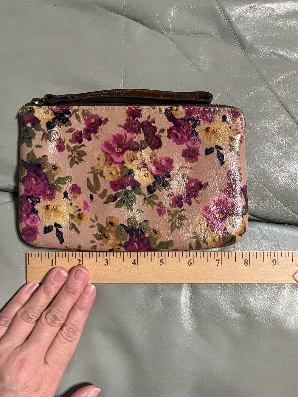 Floral Zip Wristlet Pouch in Beige with Pink & Yellow Bloom Print